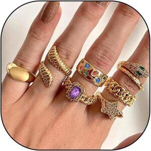 18K Gold Punk Snake Rhinestone Ring Set | Chunky Adjustable Statement Rings